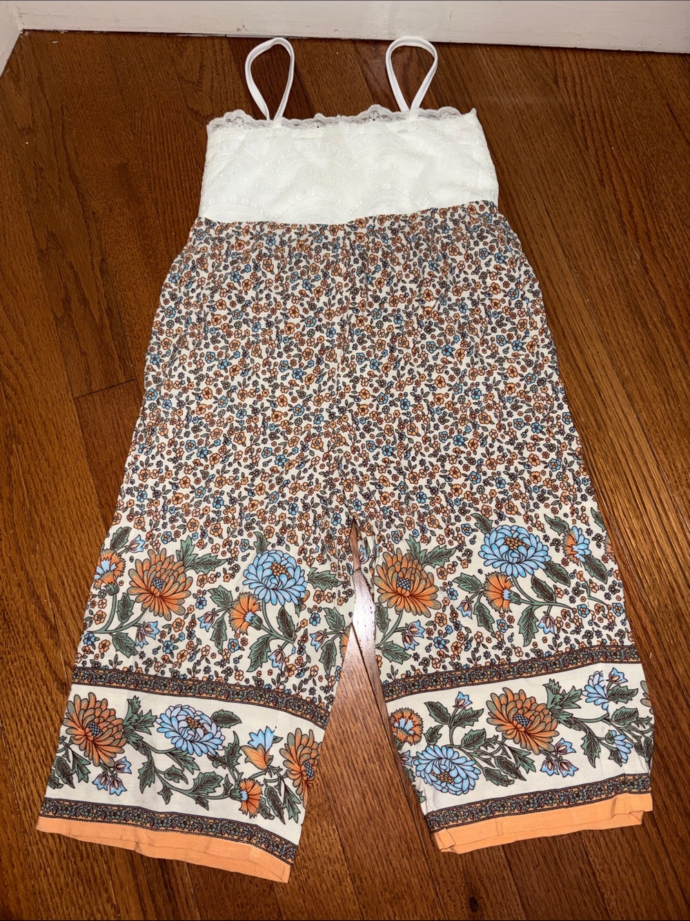 Floral Strap Jumpsuit with Lace Bodice - White, Orange, Blue